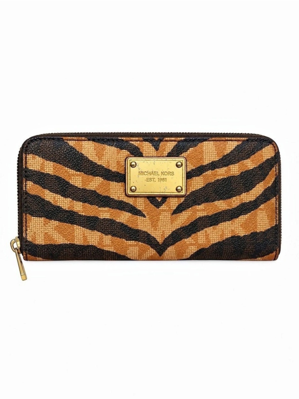 Michael Kors Tiger Stripe Zip Around Wallet Y2K Animal Print Brown Black